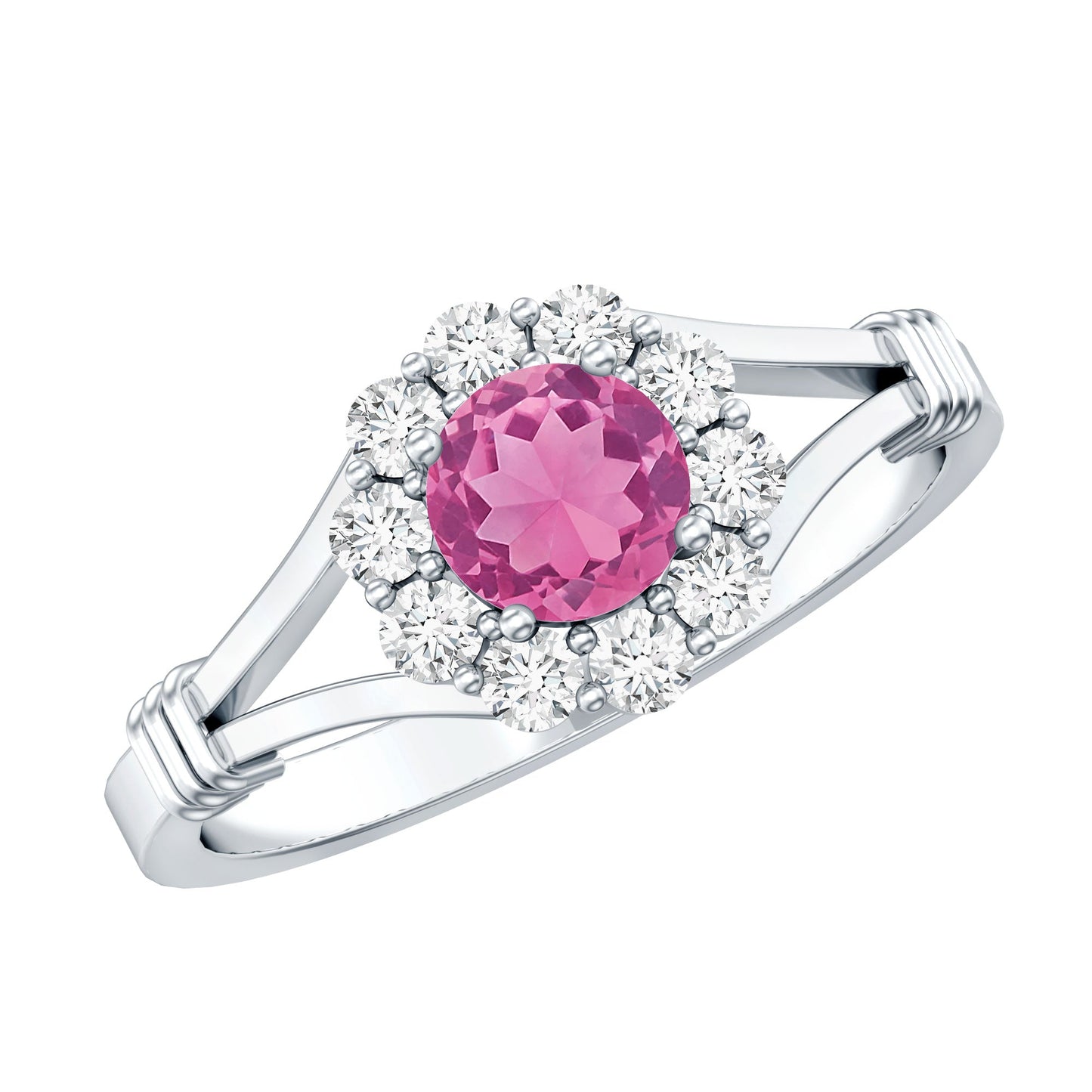 Real Pink Tourmaline and Diamond Engagement Ring in Split Shank