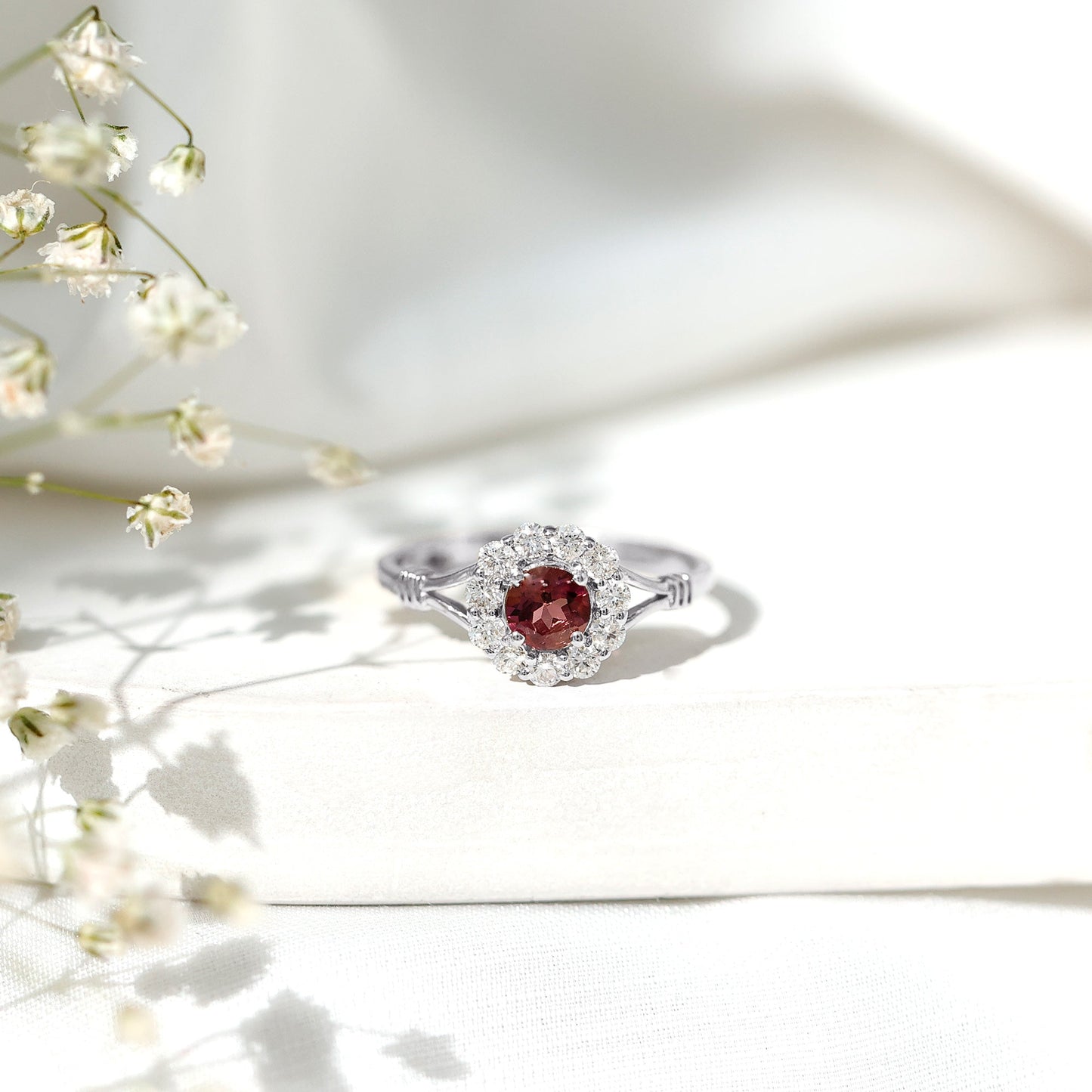 Real Pink Tourmaline and Diamond Engagement Ring in Split Shank