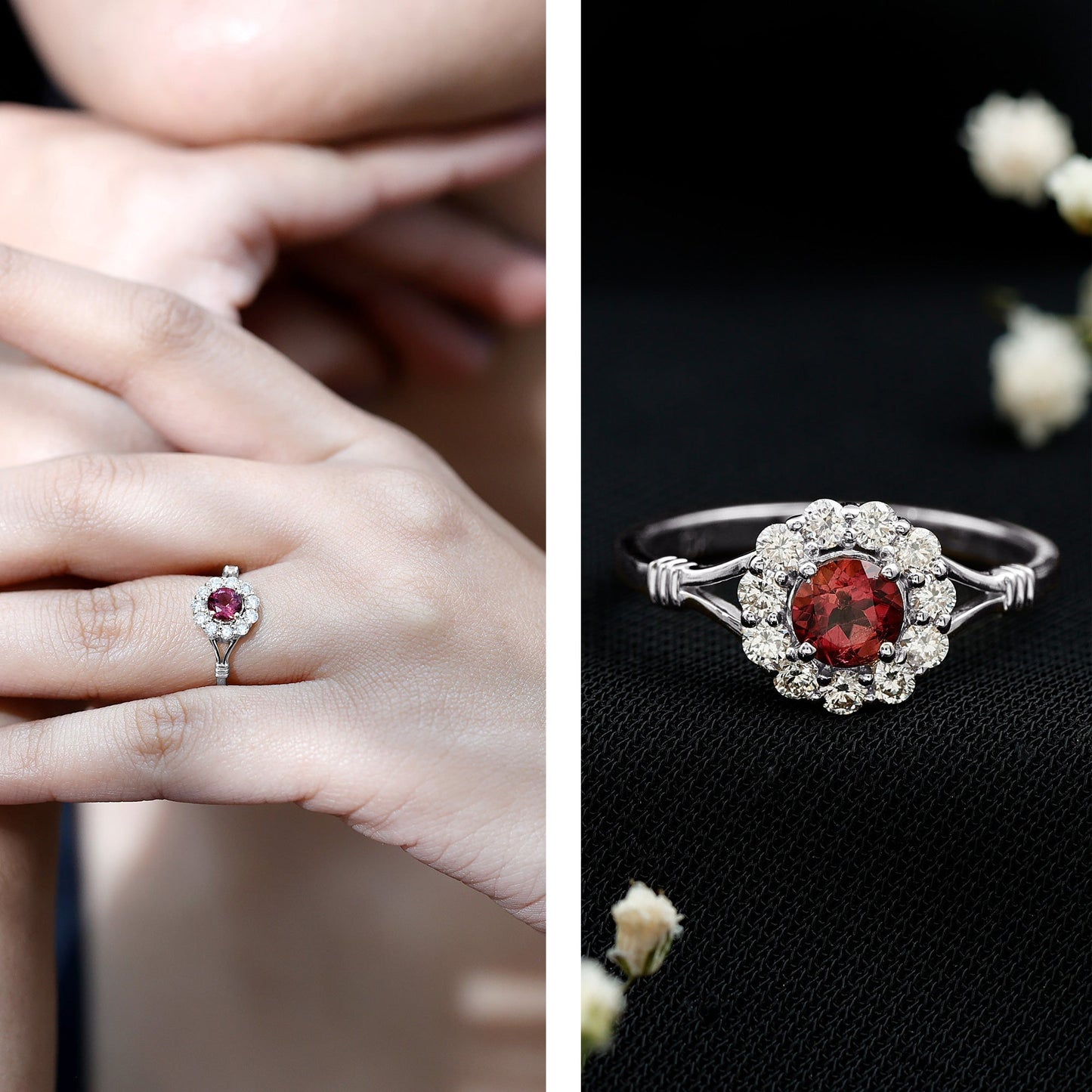 Real Pink Tourmaline and Diamond Engagement Ring in Split Shank