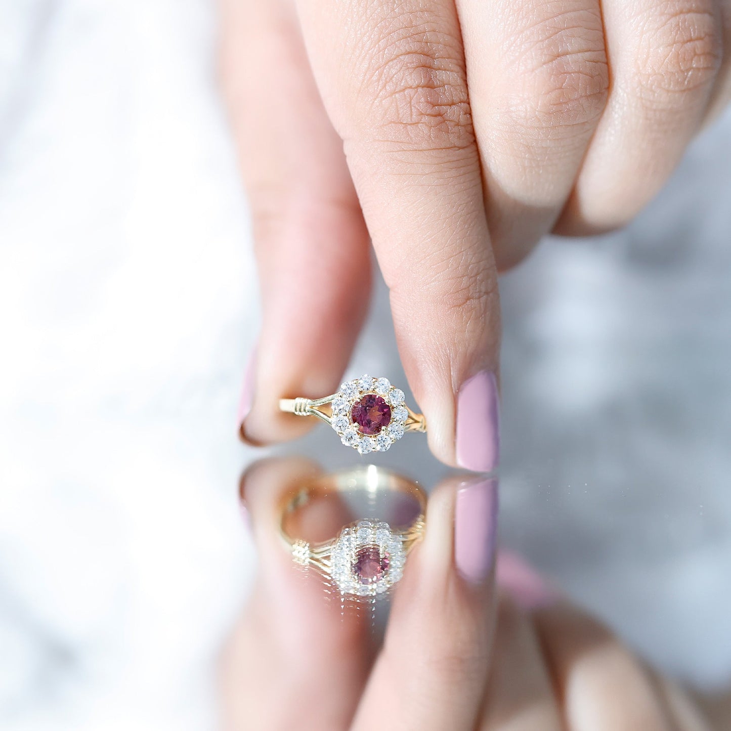 Real Pink Tourmaline and Diamond Engagement Ring in Split Shank