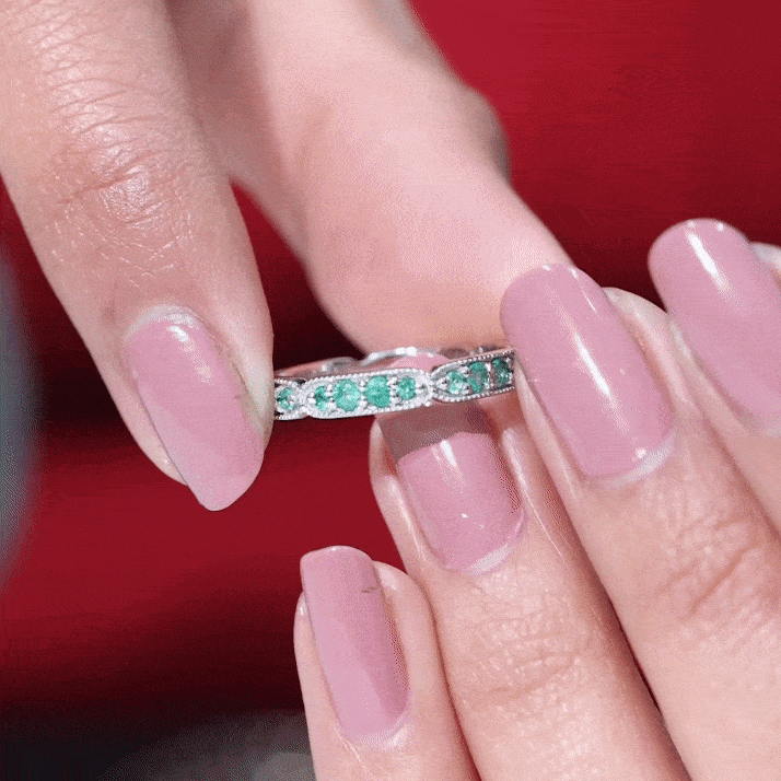 Natural Emerald Eternity Wedding Band with Milgrain Detail