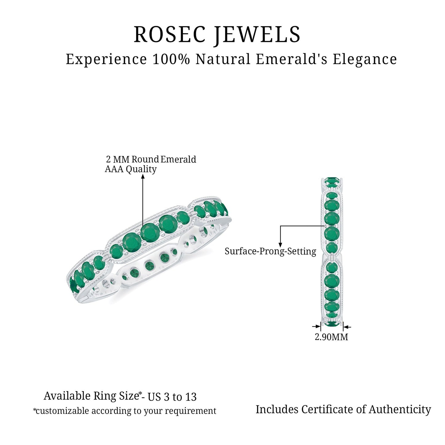 Natural Emerald Eternity Wedding Band with Milgrain Detail