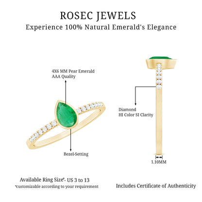 Pear Shaped Emerald Engagement Ring with Diamond Side Stones