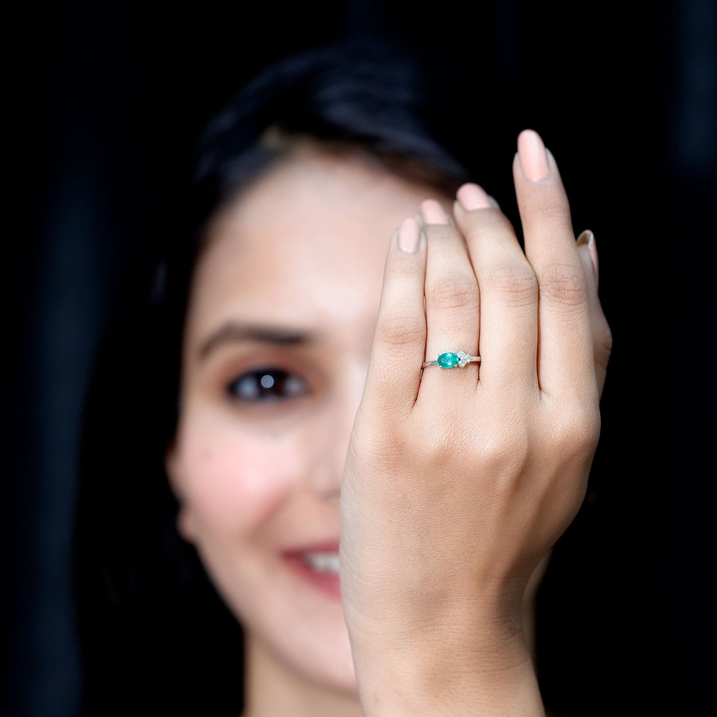 AAA Quality Oval Cut Emerald East West Promise Ring with Diamond Trio