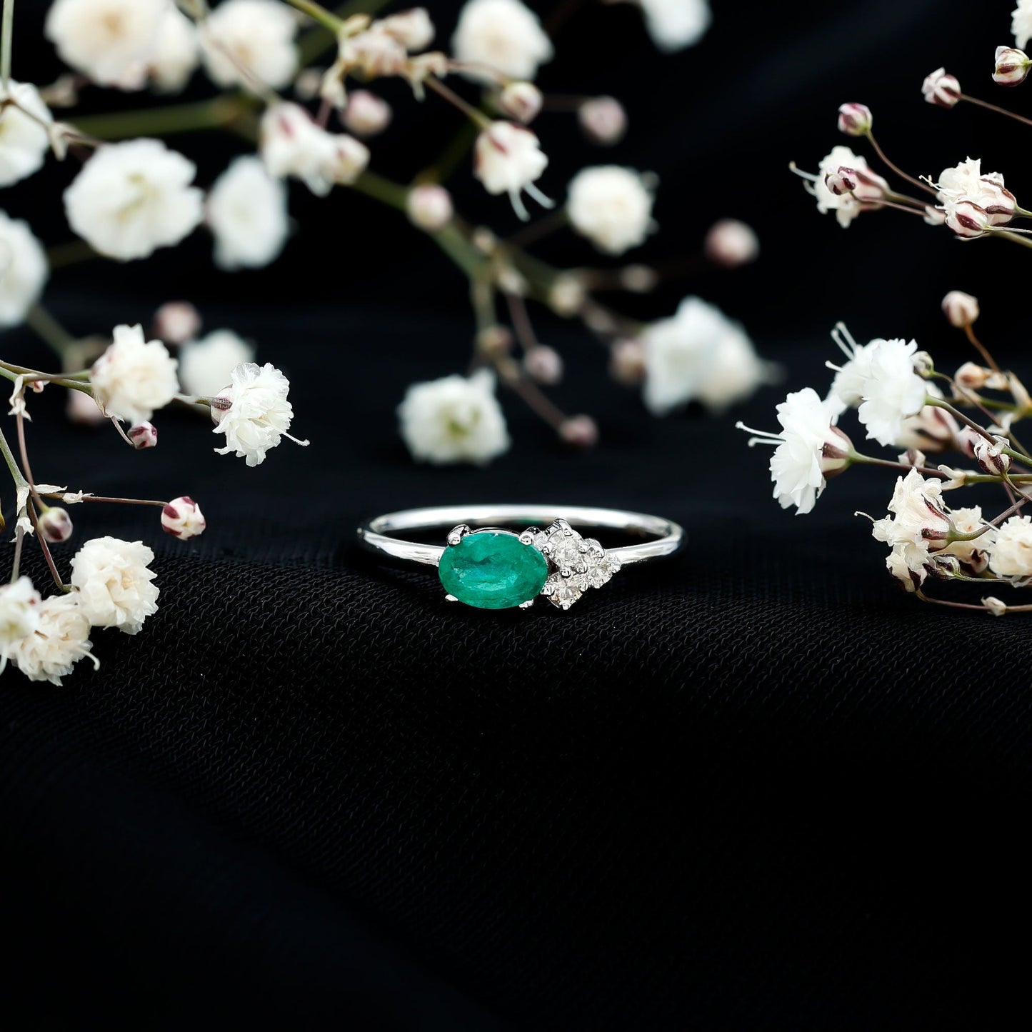 AAA Quality Oval Cut Emerald East West Promise Ring with Diamond Trio