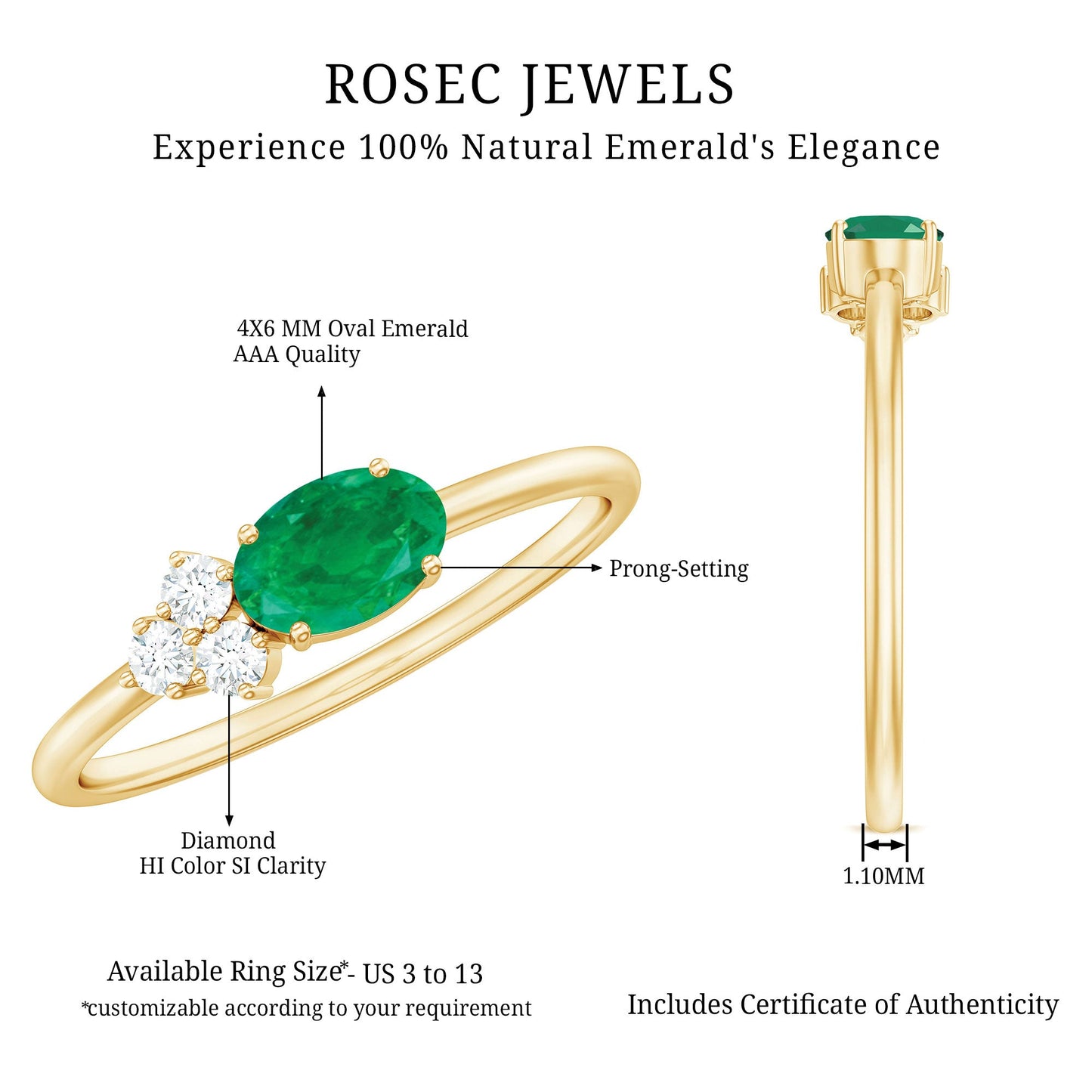 AAA Quality Oval Cut Emerald East West Promise Ring with Diamond Trio