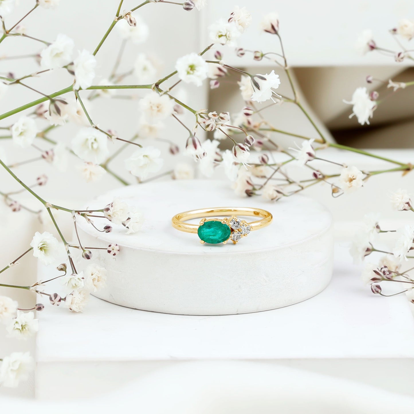 AAA Quality Oval Cut Emerald East West Promise Ring with Diamond Trio