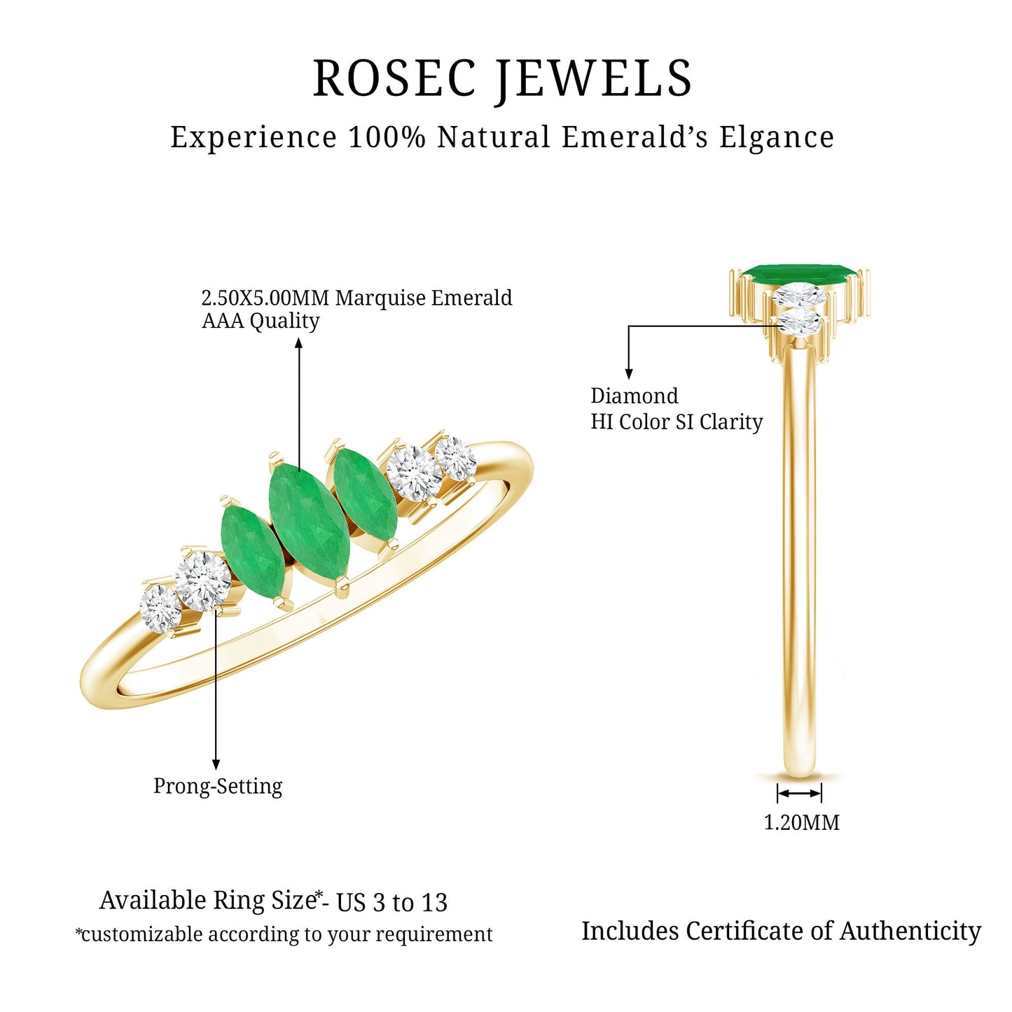 Marquise Emerald and Diamond 3 Stone Anniversary Ring for Women