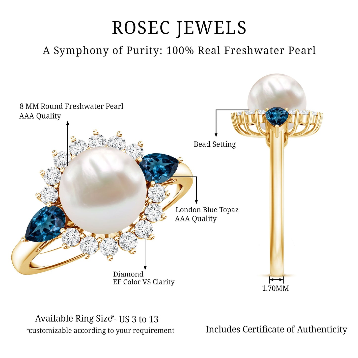 8MM Freshwater Cultured Pearl Designer Engagement Ring with Blue Topaz