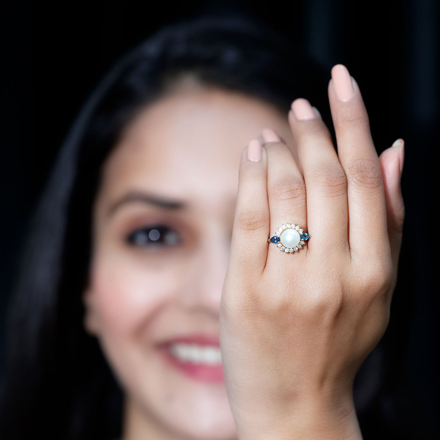 8MM Freshwater Cultured Pearl Designer Engagement Ring with Blue Topaz