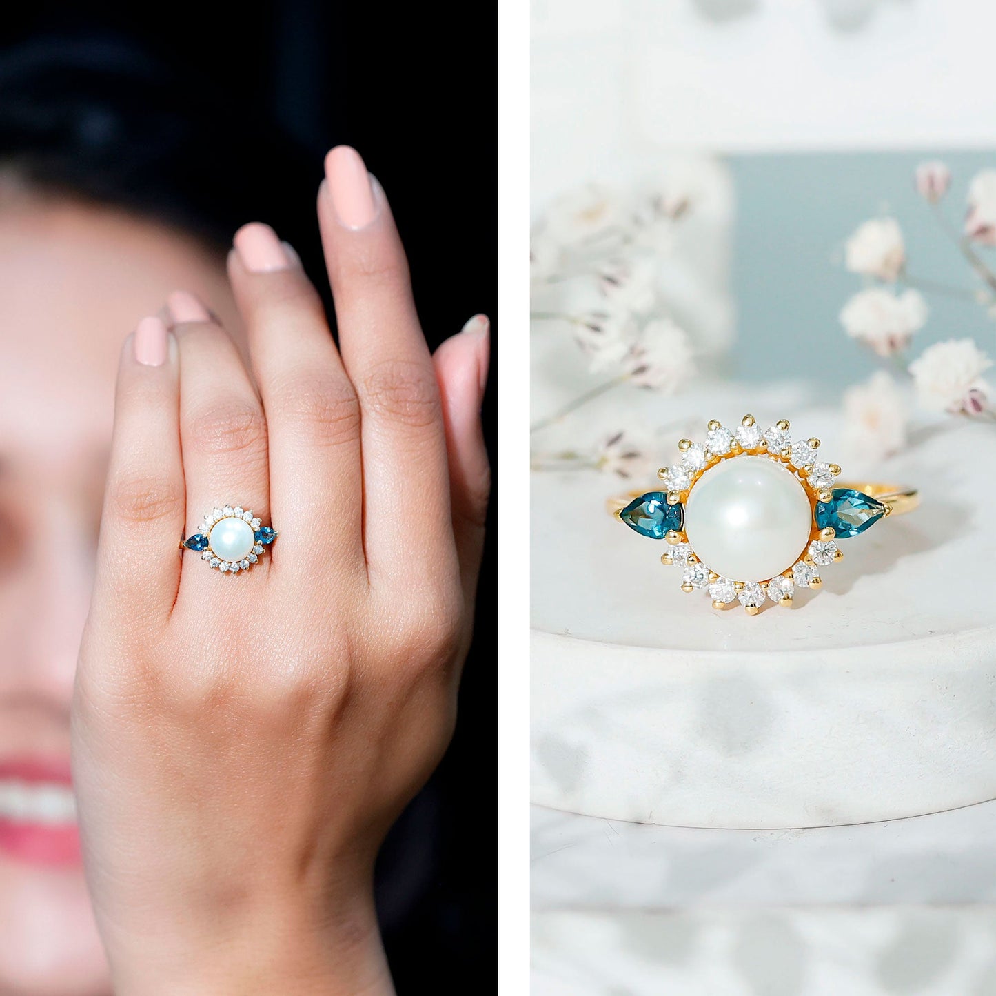 8MM Freshwater Cultured Pearl Designer Engagement Ring with Blue Topaz