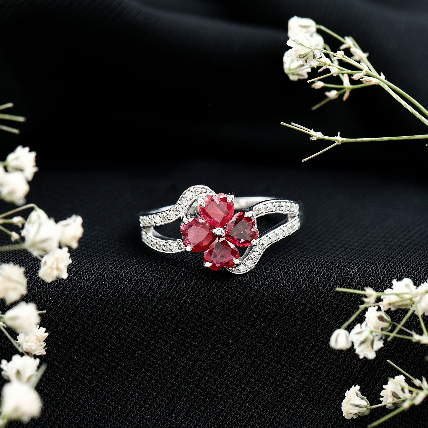 Real Ruby Flower Engagement Ring with Diamond Split Shank