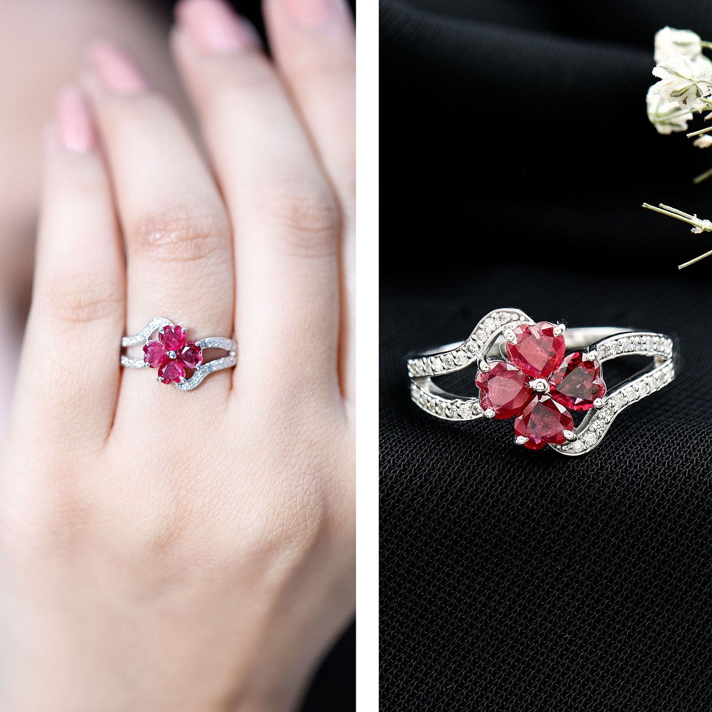 Real Ruby Flower Engagement Ring with Diamond Split Shank