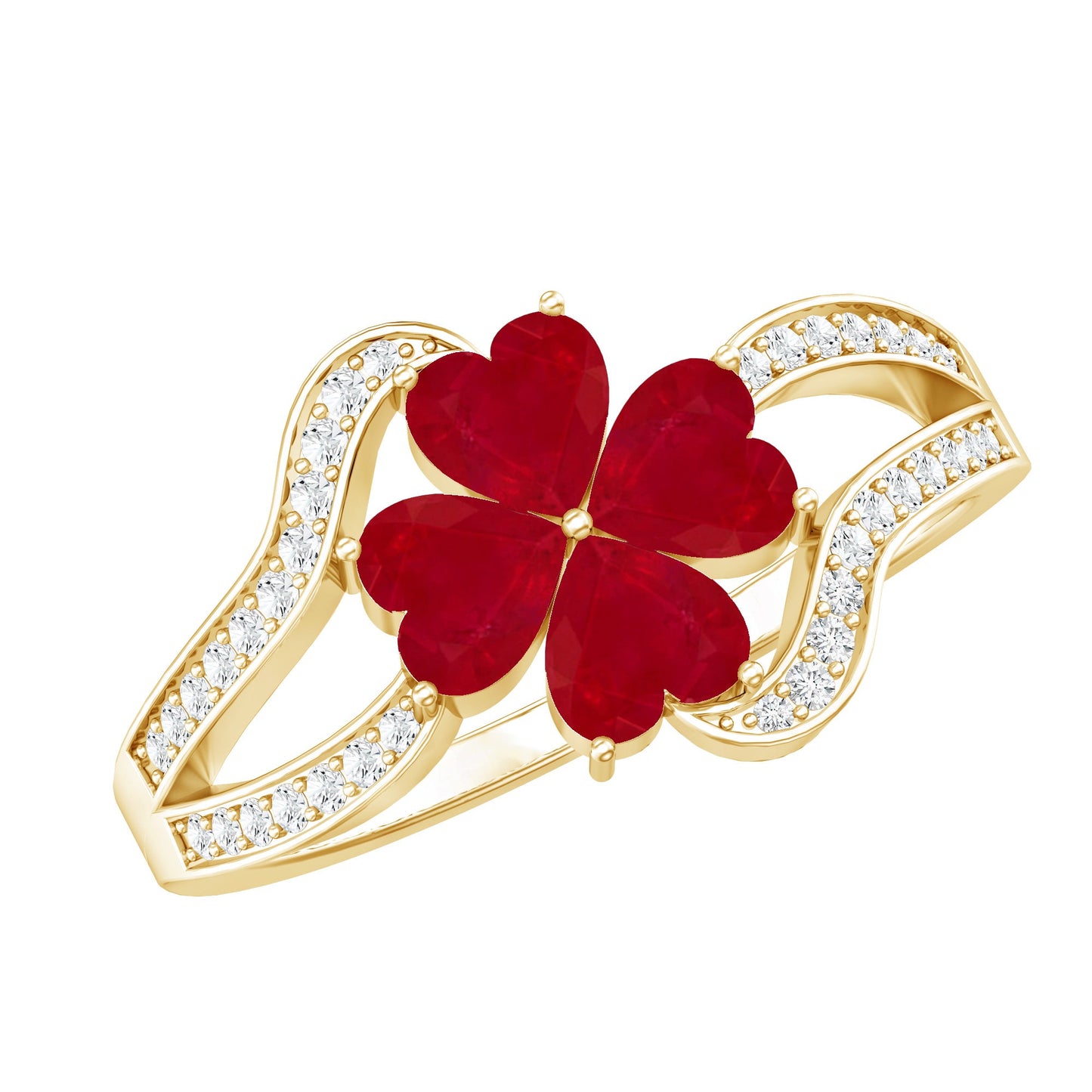 Real Ruby Flower Engagement Ring with Diamond Split Shank