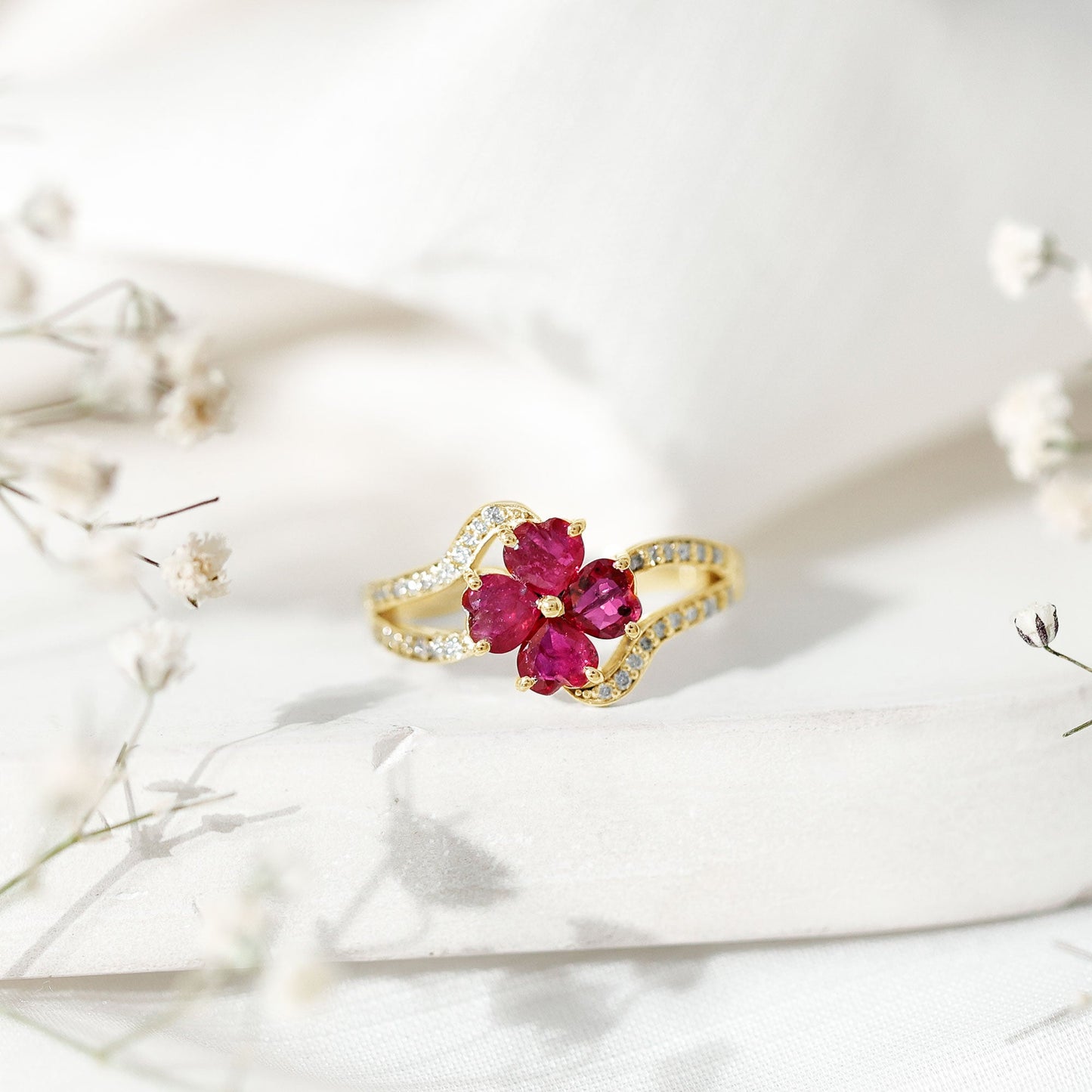 Real Ruby Flower Engagement Ring with Diamond Split Shank