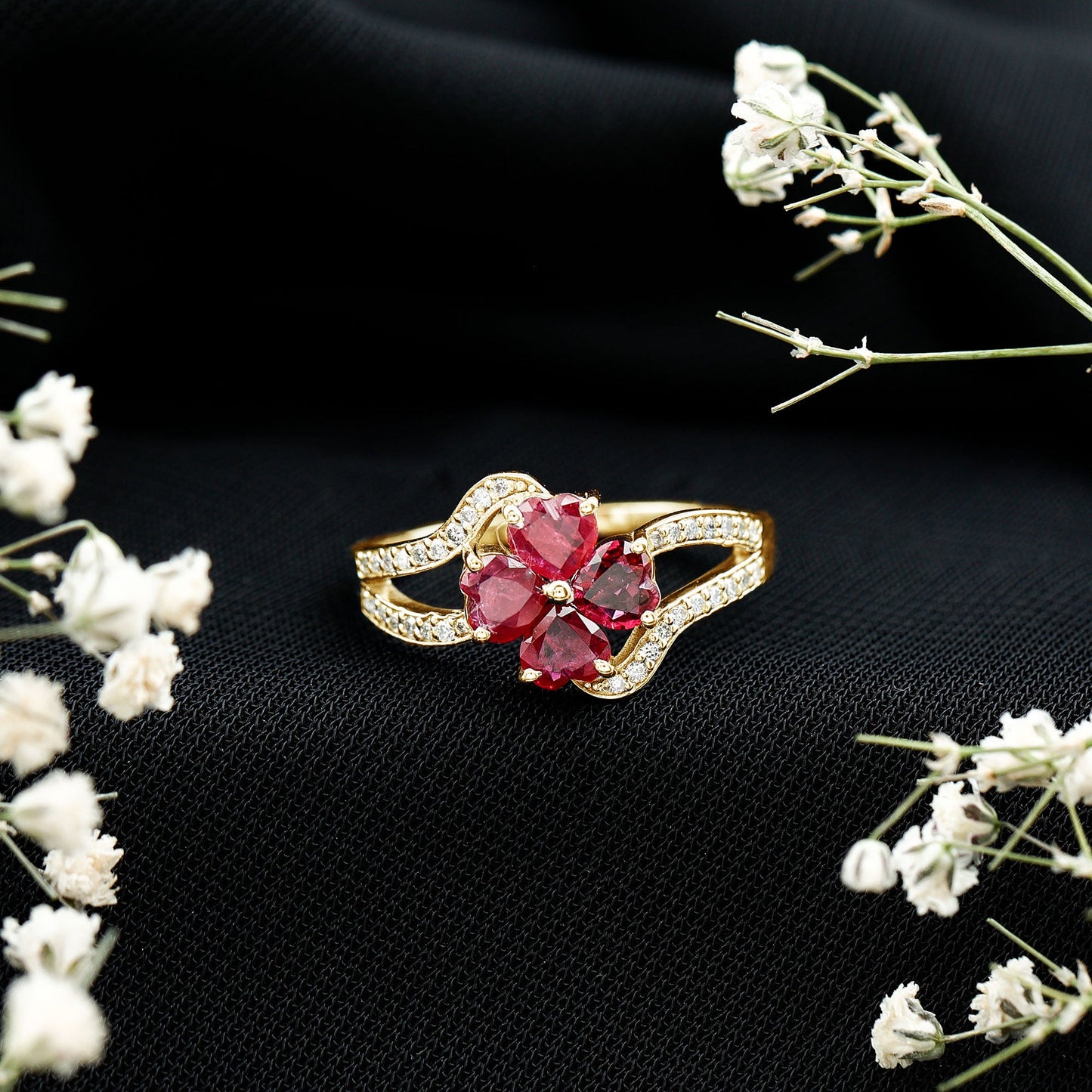 Real Ruby Flower Engagement Ring with Diamond Split Shank