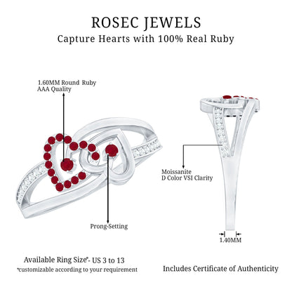 Natural Ruby Diamond Double Heart Promise Ring for Women