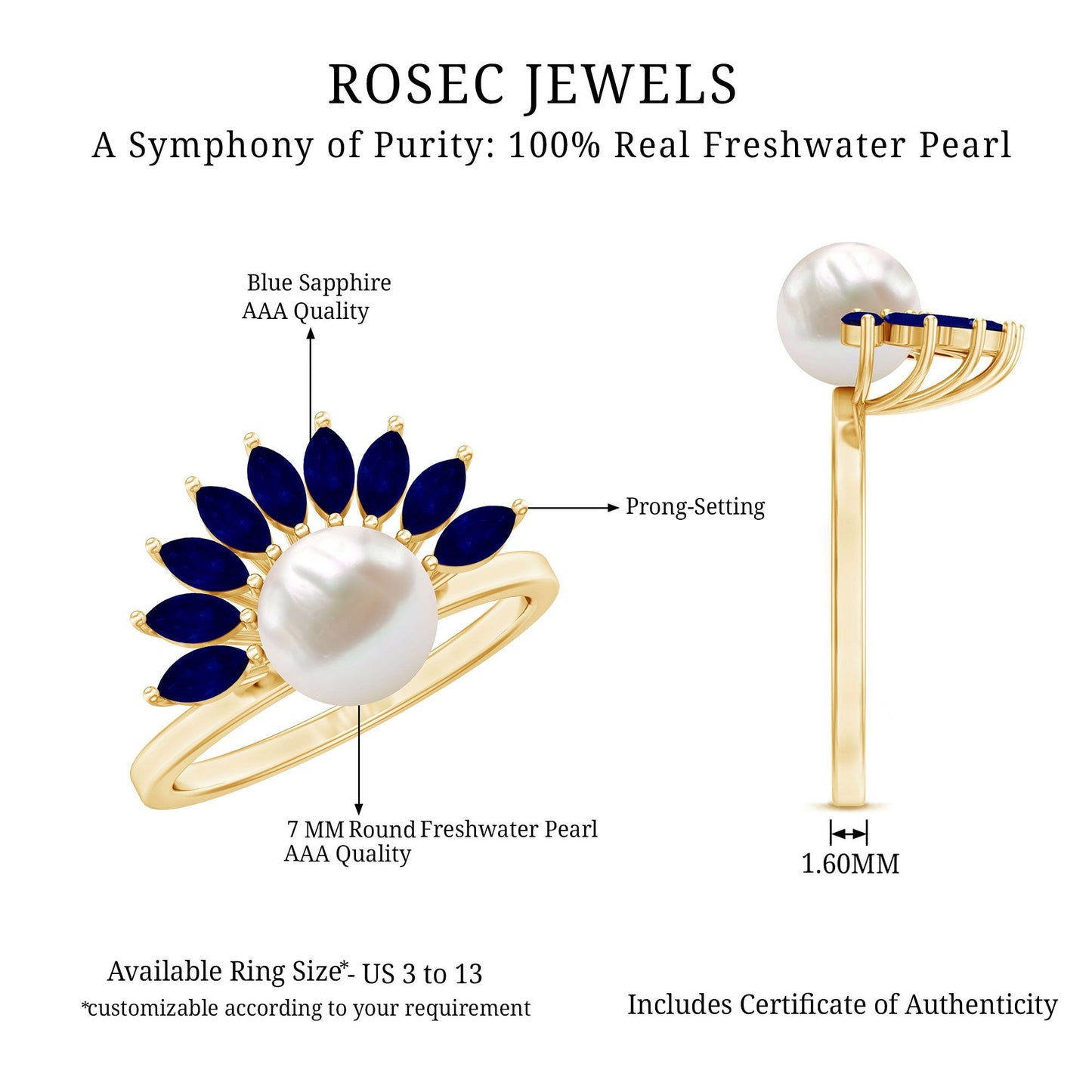 Cultured 3 Carat Freshwater Pearl Engagement Ring with Blue Sapphire