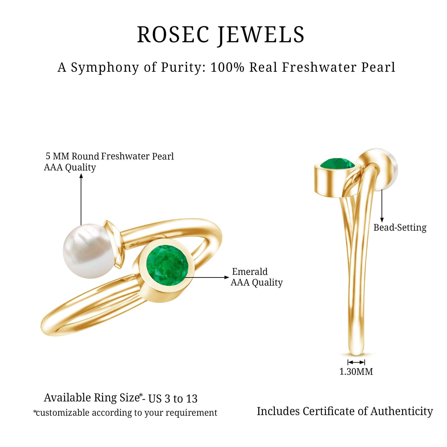 Real Freshwater Pearl and Emerald Toi et Moi Promise Ring