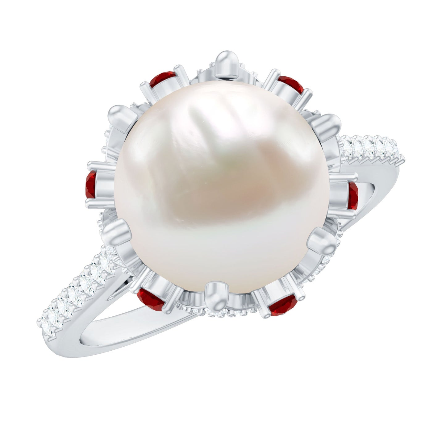 Designer 8 Carat Freshwater Pearl Engagement Ring with Ruby and Moissanite