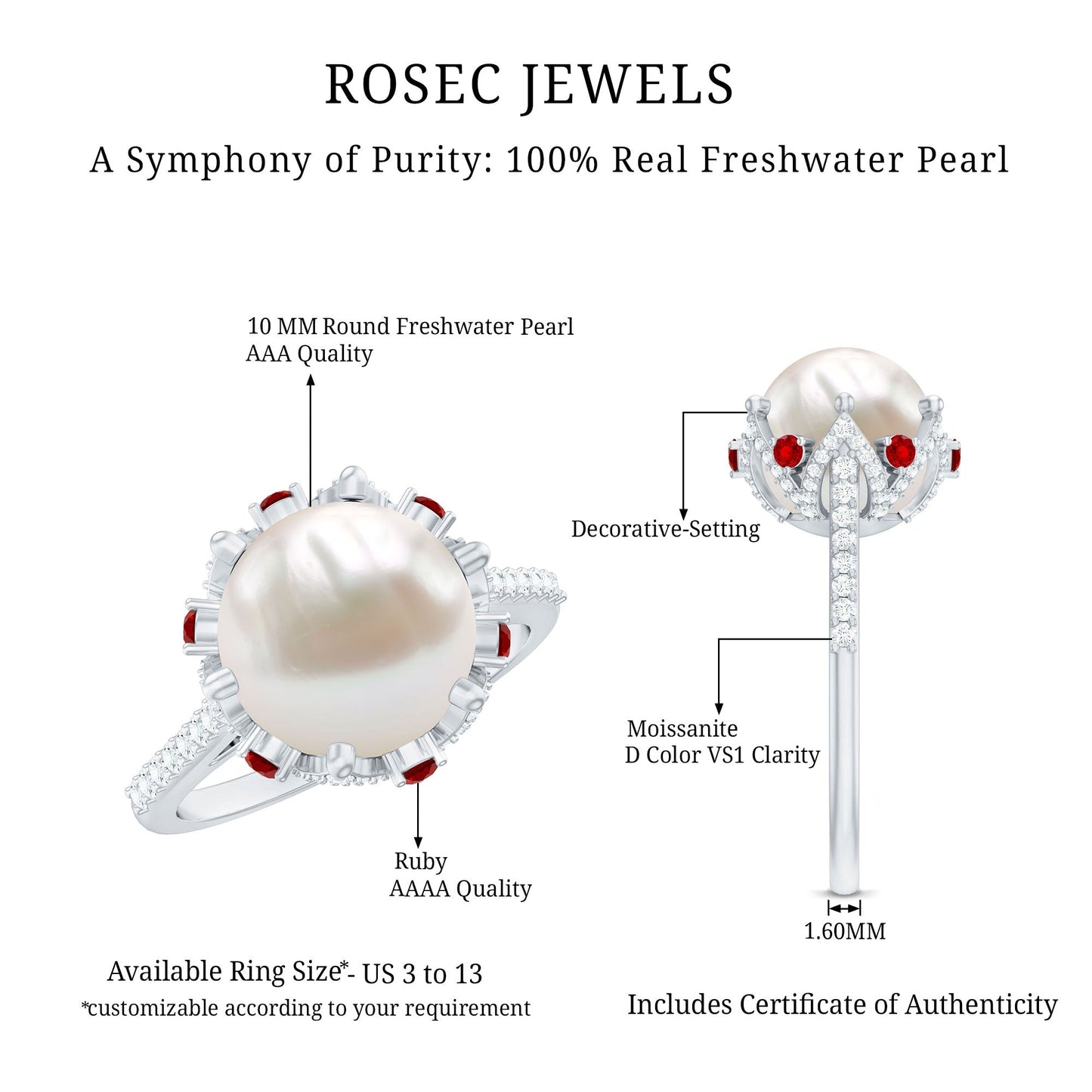 Designer 8 Carat Freshwater Pearl Engagement Ring with Ruby and Moissanite