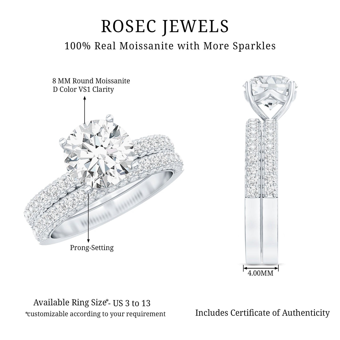 2 Carat Moissanite Engagement Ring with Wedding Band
