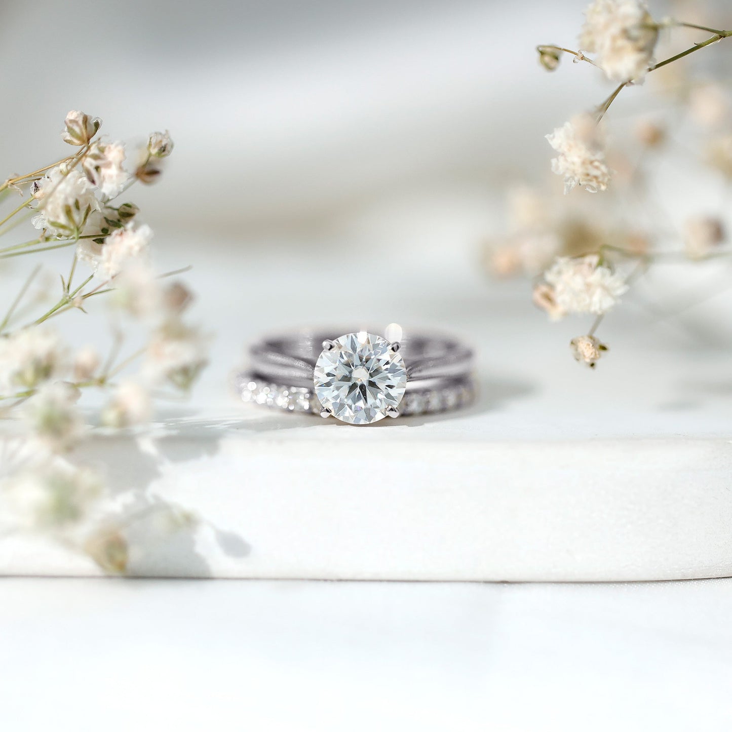 Brilliant Cut Moissanite Engagement Ring and Wedding Band