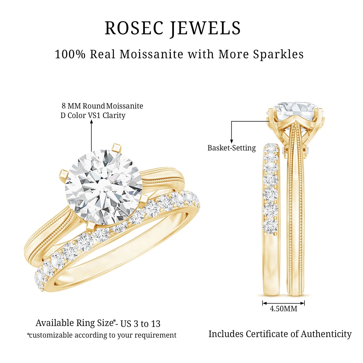 Brilliant Cut Moissanite Engagement Ring and Wedding Band