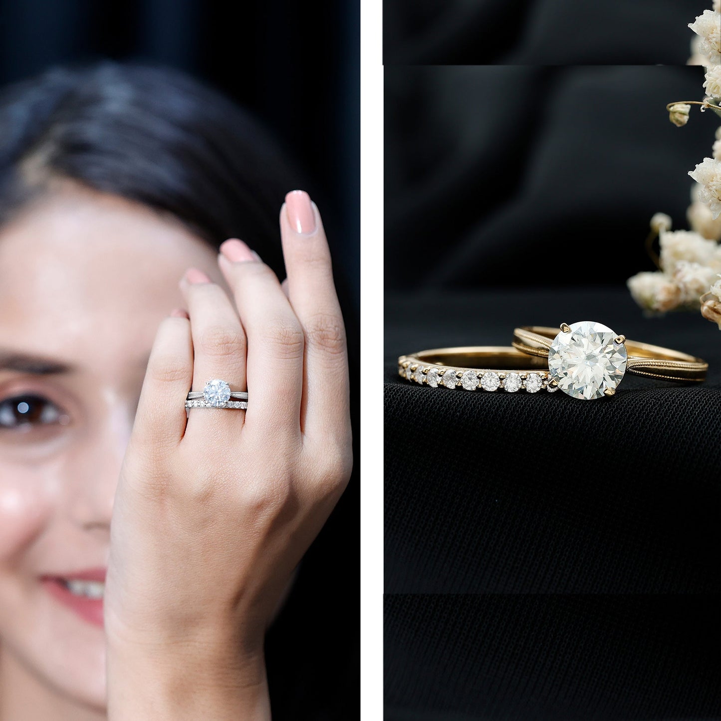 Brilliant Cut Moissanite Engagement Ring and Wedding Band