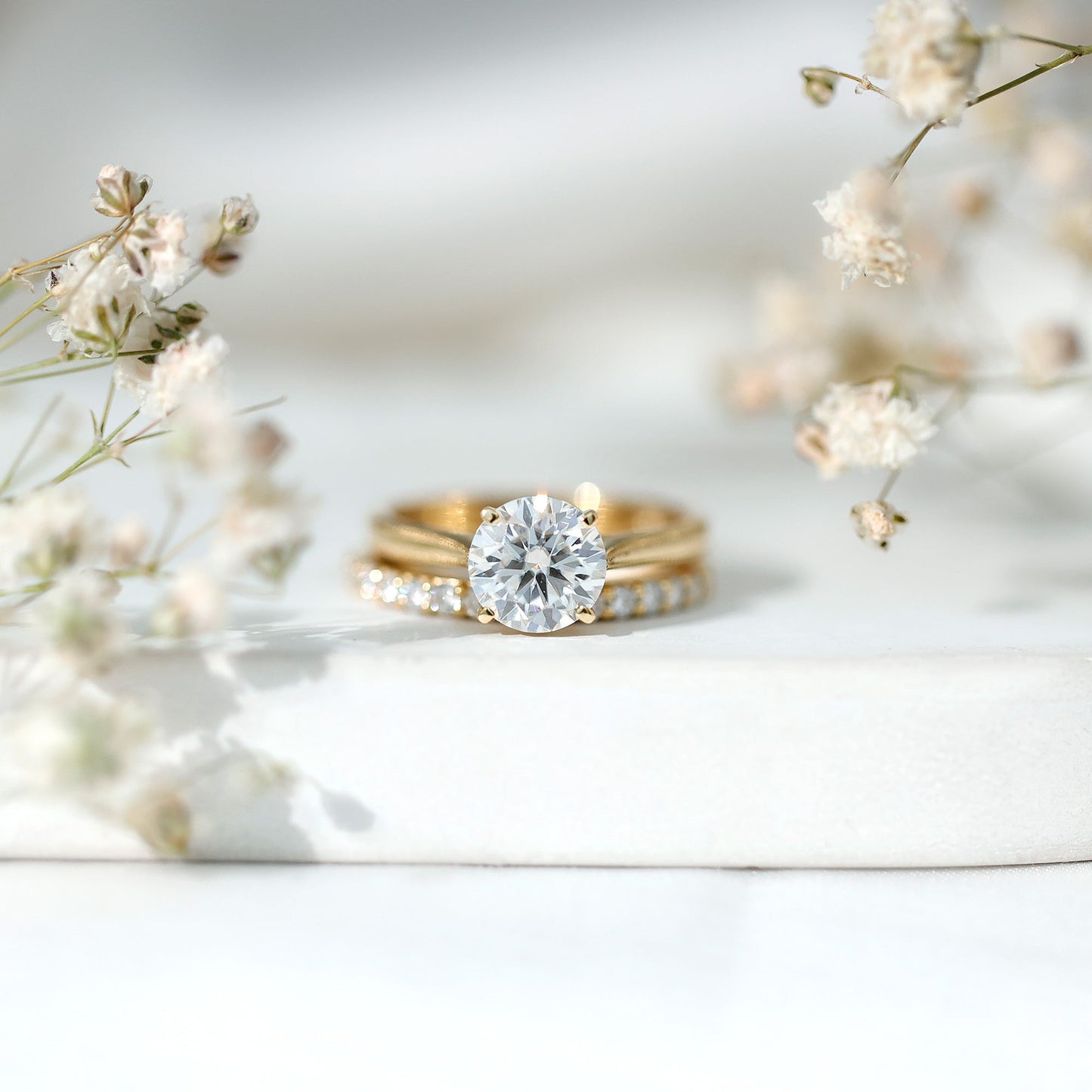 Brilliant Cut Moissanite Engagement Ring and Wedding Band