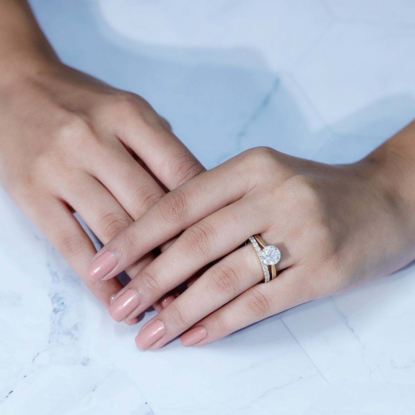 Brilliant Cut Moissanite Engagement Ring and Wedding Band