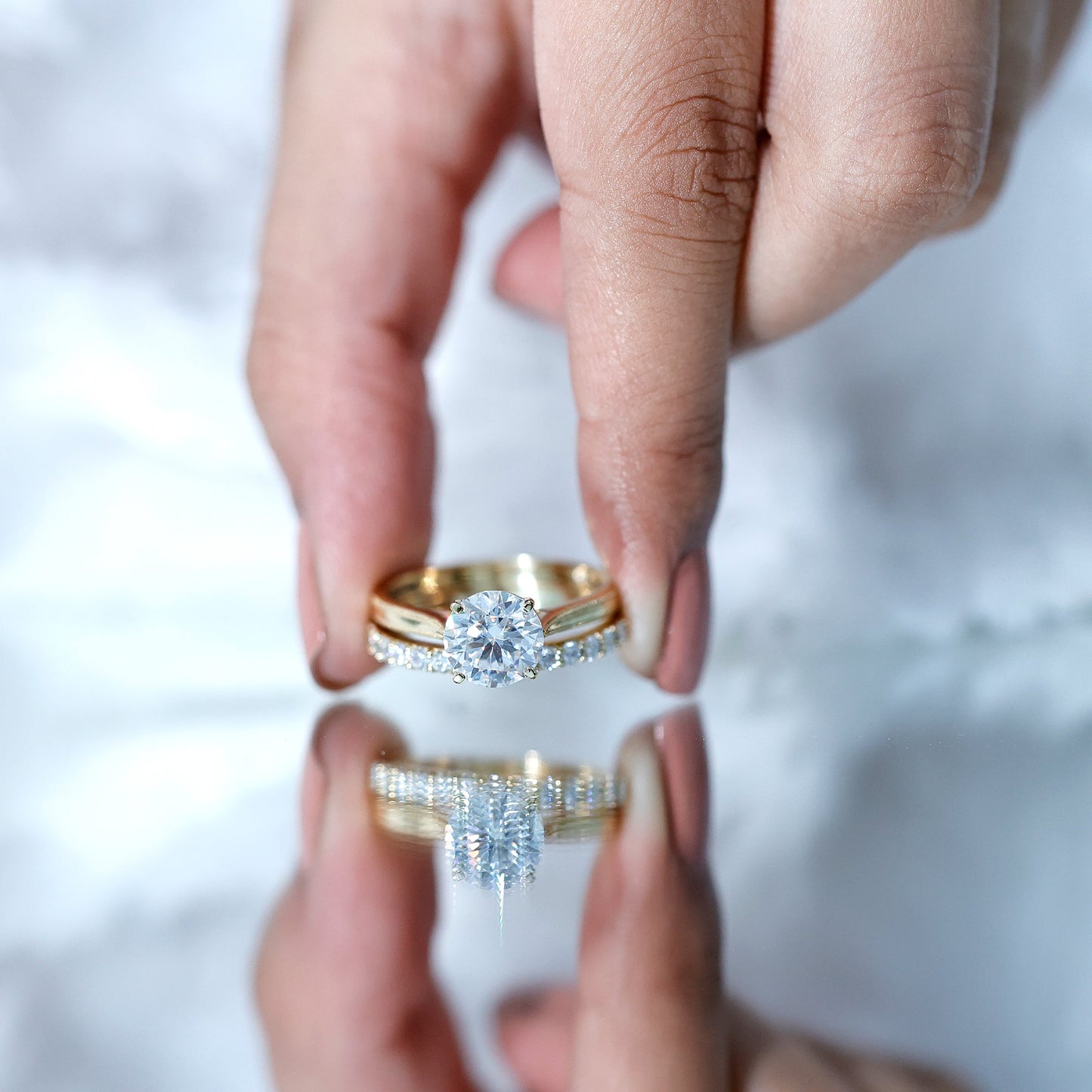 Brilliant Cut Moissanite Engagement Ring and Wedding Band