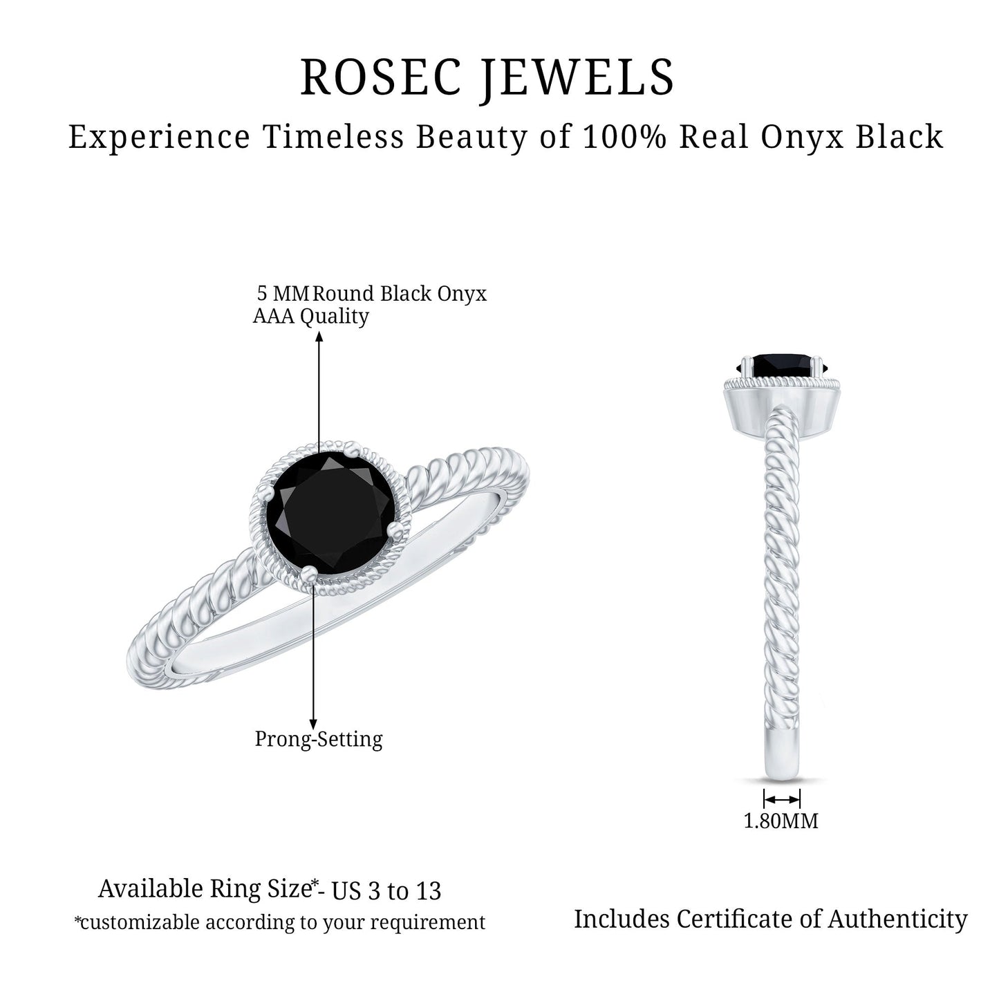 Solitaire 0.45 Carat Black Onyx Engagement Ring with Twisted Rope Design