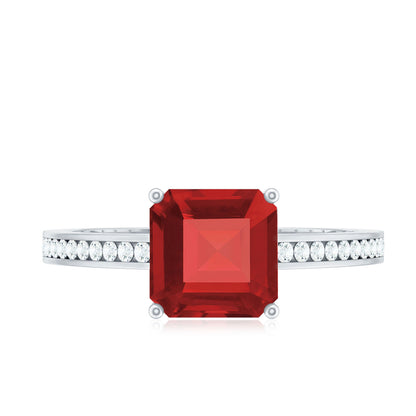 4.8 Carat Asscher Cut Lab Ruby Solitaire Engagement Ring with Diamond Side Stones
