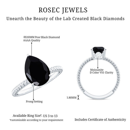 4.8 Carat Lab Grown Black Diamond Pear Shaped Engagement Ring With Surprise White Diamond