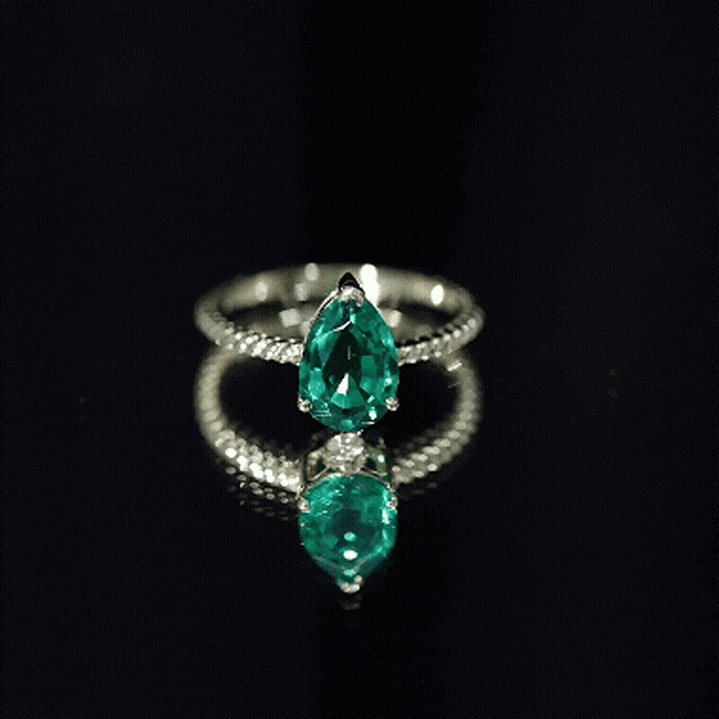 2 Carat Lab Created Emerald Pear Shape Engagement Ring with Surprise Diamond