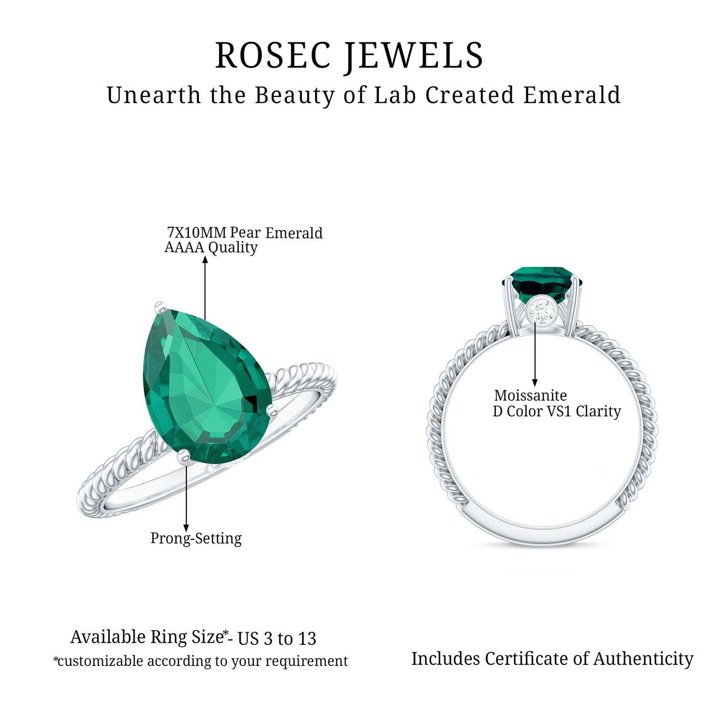 2 Carat Lab Created Emerald Pear Shape Engagement Ring with Surprise Diamond