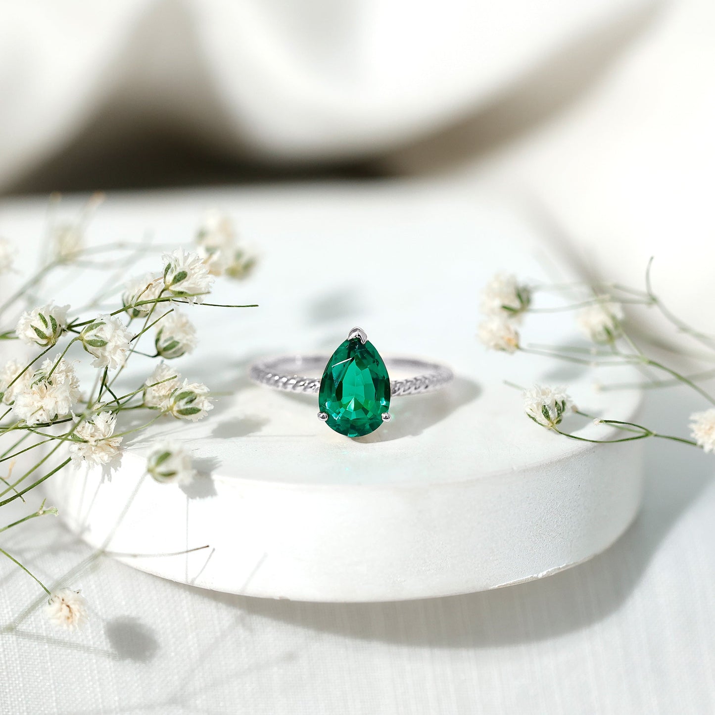 2 Carat Lab Created Emerald Pear Shape Engagement Ring with Surprise Diamond