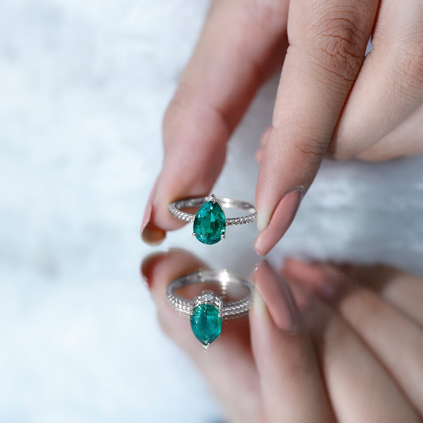 2 Carat Lab Created Emerald Pear Shape Engagement Ring with Surprise Diamond
