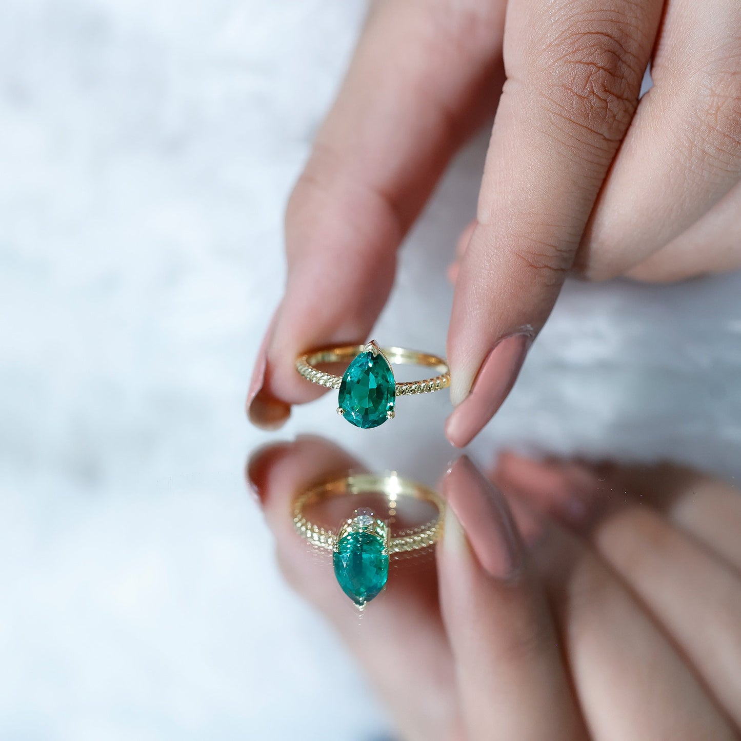2 Carat Lab Created Emerald Pear Shape Engagement Ring with Surprise Diamond