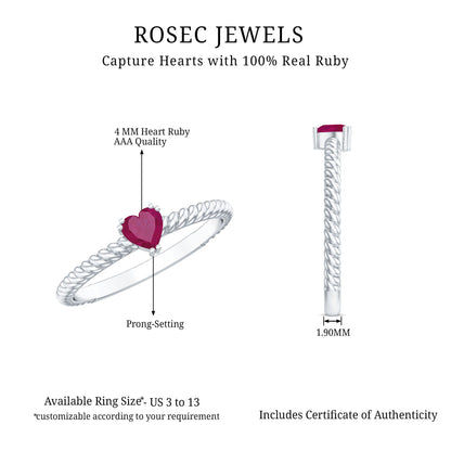 Real Half Carat Ruby Heart Promise Ring with Twisted Rope