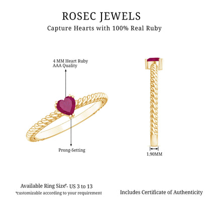 Real Half Carat Ruby Heart Promise Ring with Twisted Rope