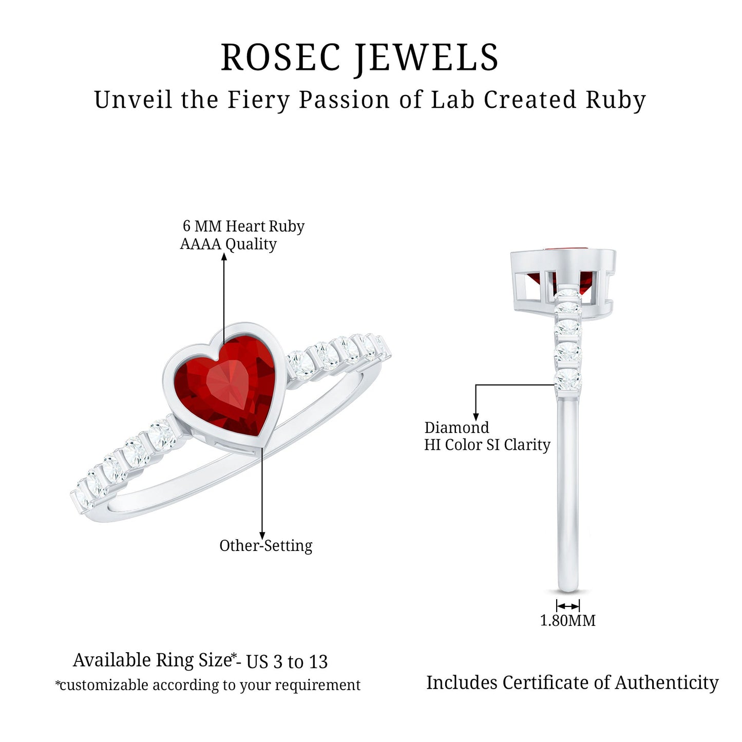 0.9 Carat Heart Shape Created Ruby Engagement Ring with Diamond