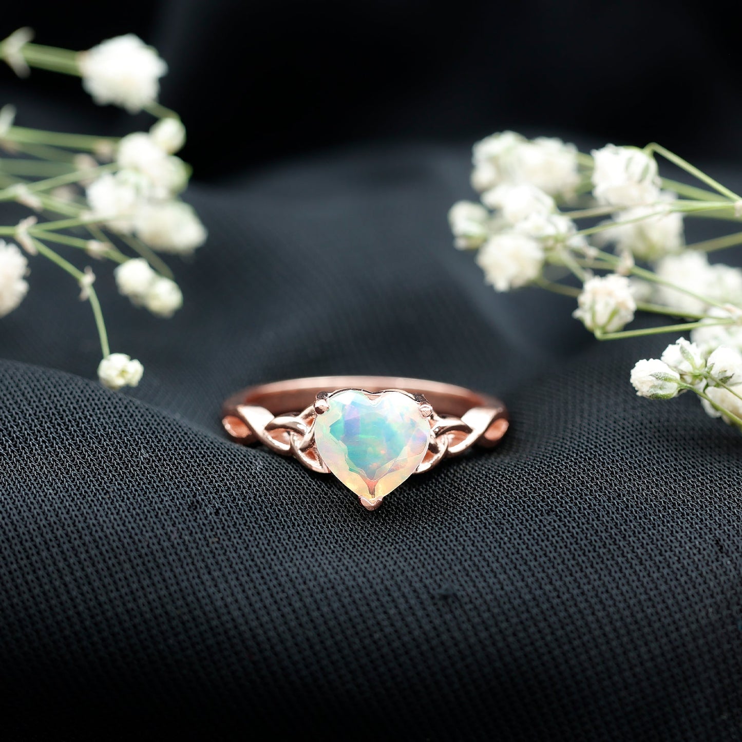 Certified 2 Carat Ethiopian Opal Heart Engagement Ring with Celtic Knot