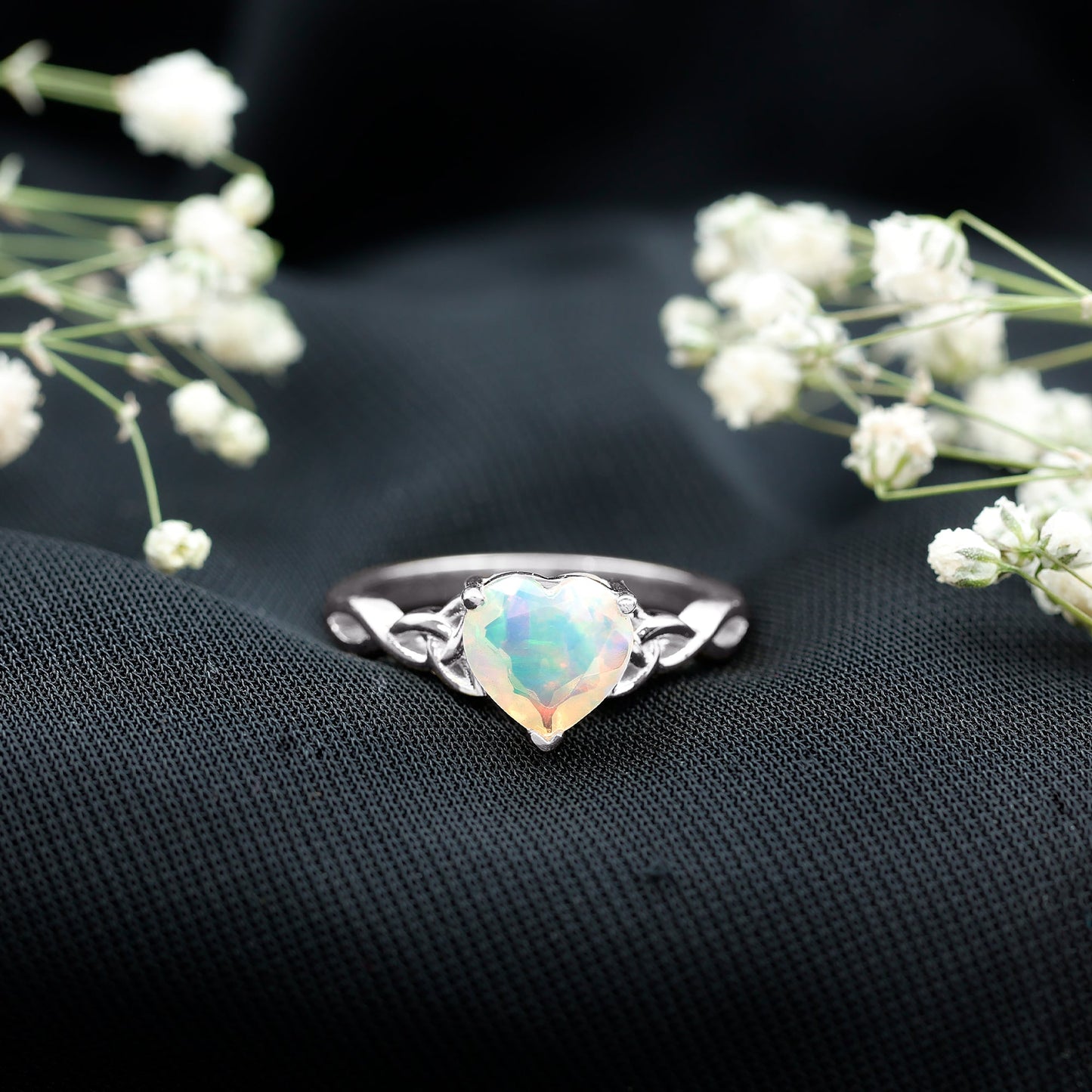 Certified 2 Carat Ethiopian Opal Heart Engagement Ring with Celtic Knot