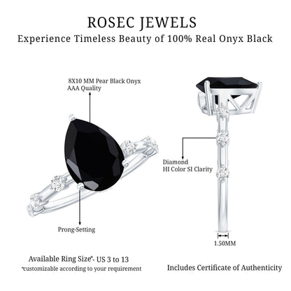 Pear Shape Black Onyx Solitaire Engagement Ring with Diamond