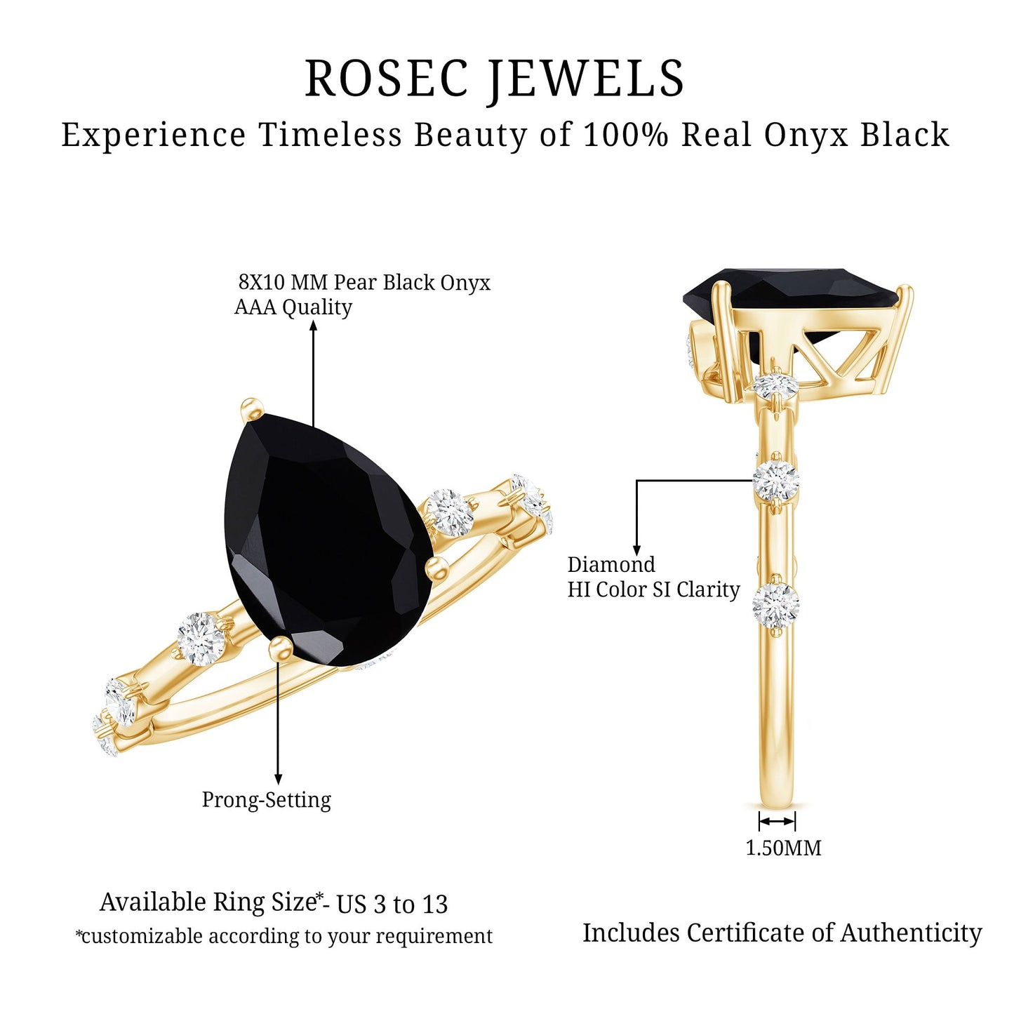 Pear Shape Black Onyx Solitaire Engagement Ring with Diamond
