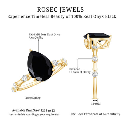 Pear Shape Black Onyx Solitaire Engagement Ring with Diamond
