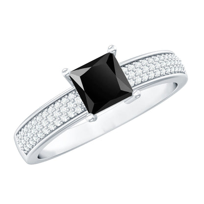 Princess Cut Black Spinel Engagement Ring with Diamond Side Stones