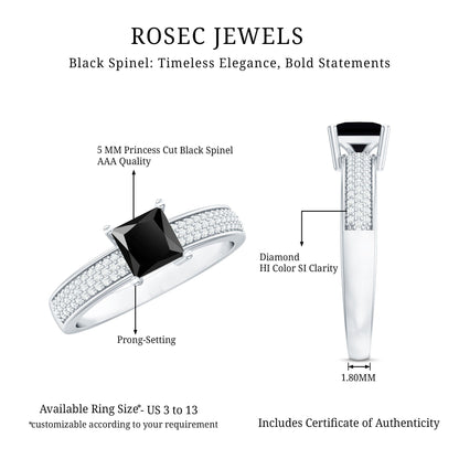Princess Cut Black Spinel Engagement Ring with Diamond Side Stones